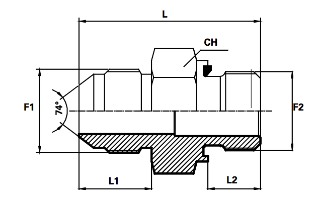 Rechte inschroefkoppeling male jic/male bsp met seal (Koppelingsmaat 1: 1 5/8'', Koppelingsmaat 2: 1 1/4'')