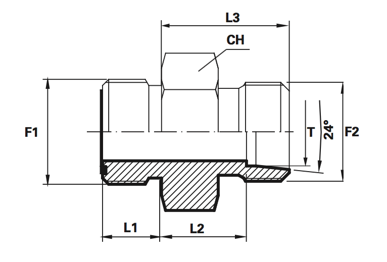 Rechte Adapter  Male ORFS/Male DIN 24° Body only (Koppelingsmaat 1: 1 11/16'', Koppelingsmaat 2: L28)