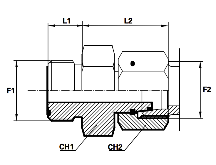 Rechte Adapter  Male ORFS/Female DIN 24°met O-Ring (Koppelingsmaat 1: 1 3/16'', Koppelingsmaat 2: L18)