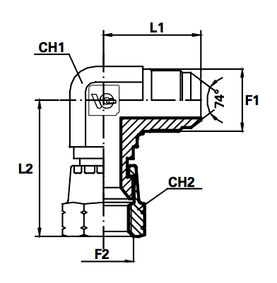 Haakse koppeling male JIC / female JIC wartel (Koppelingsmaat 1: 1/2'', Koppelingsmaat 2: 1/2'')