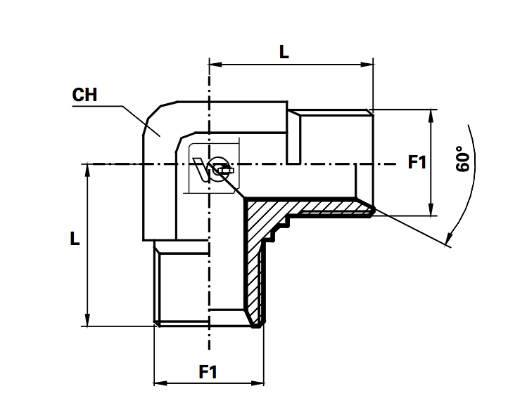Haakse koppeling male/male BSPP SV60° (Koppelingsmaat 1: 1, Koppelingsmaat 2: 1'')
