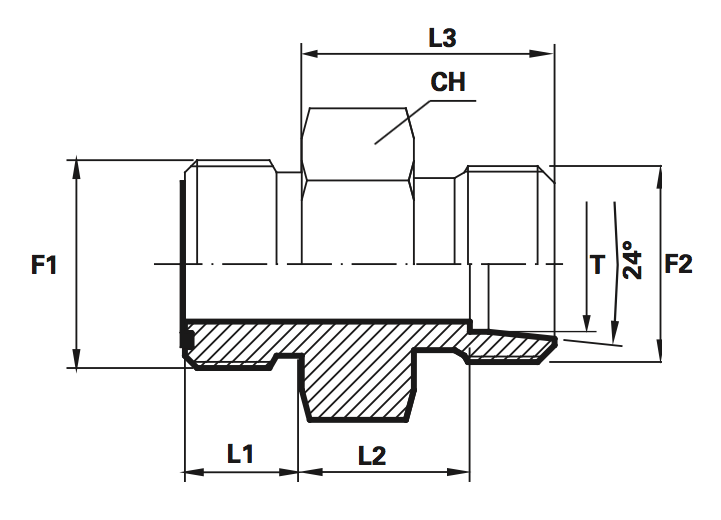 Rechte Adapter  Male ORFS/Female DIN 24°met O-Ring (Koppelingsmaat 1: 13/16'', Koppelingsmaat 2: L12)