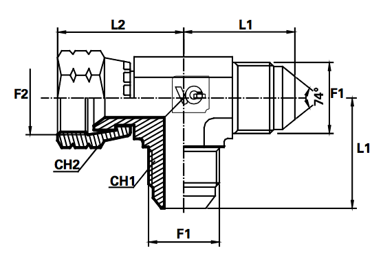 T-L Koppeling instelbaar male jic/male jic/ female jic wartel (Koppelingsmaat 1: 9/16'', Koppelingsmaat 2: 9/16'')