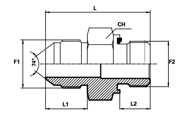 Rechte inschroefkoppeling male jic/male bsp met seal (Koppelingsmaat 1: 9/16'', Koppelingsmaat 2: 1/2'')